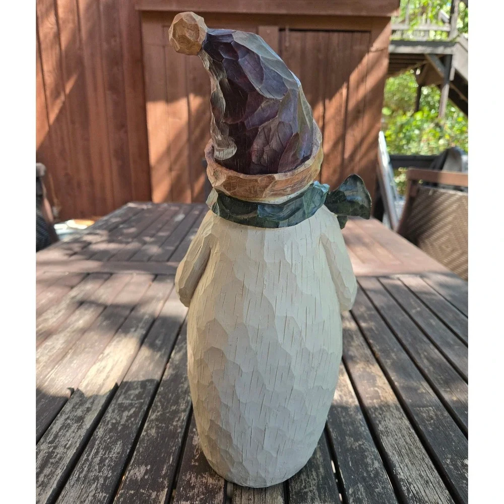 Vintage Faux Carved Wood Resin Snowman Figurine Holding Presents